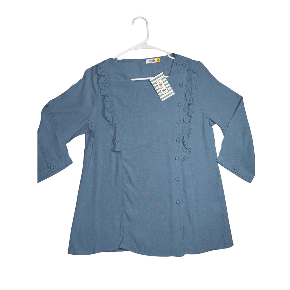 Tulip B Women Blue Ruffle Side Button Blouse Vintage Style Rayon‎ Top S